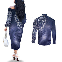 New Zealand Galaxy Fern Couples Matching Off The Shoulder Long Sleeve Dress and Long Sleeve Button Shirt
