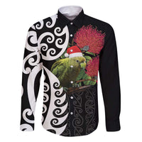 New Zealand Kakapo Christmas Family Matching Off Shoulder Maxi Dress and Hawaiian Shirt Meri Kirihimete Pohutukawa Flowers LT9 Dad's Shirt - Long Sleeve Black - Polynesian Pride