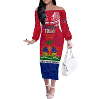 Haiti Independence Day Off The Shoulder Long Sleeve Dress Libete Egalite Fratenite Ayiti 1804 With Polynesian Pattern LT9 Women Red - Polynesian Pride