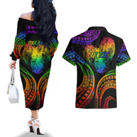Personalised Its In My DNA Valentine Day Couples Matching Off The Shoulder Long Sleeve Dress and Hawaiian Shirt Fingerprint Heart with Color Pride Flag LT9 - Polynesian Pride