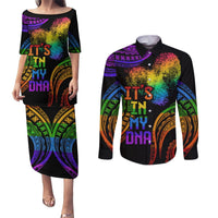 Personalised Its In My DNA Valentine Day Couples Matching Puletasi and Long Sleeve Button Shirt Fingerprint Heart with Color Pride Flag LT9 No Dress - Polynesian Pride