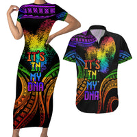 Personalised Its In My DNA Valentine Day Couples Matching Short Sleeve Bodycon Dress and Hawaiian Shirt Fingerprint Heart with Color Pride Flag LT9 - Polynesian Pride
