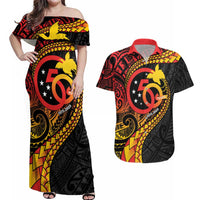 Papua New Guinea Tribal Tattoo Couples Matching Off Shoulder Maxi Dress and Hawaiian Shirt 50th Independence Anniversary