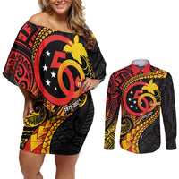Papua New Guinea Tribal Tattoo Couples Matching Off Shoulder Short Dress and Long Sleeve Button Shirt 50th Independence Anniversary LT9 Black - Polynesian Pride