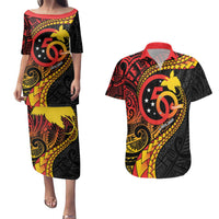 Papua New Guinea Tribal Tattoo Couples Matching Puletasi and Hawaiian Shirt 50th Independence Anniversary LT9 Black - Polynesian Pride