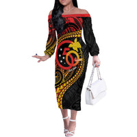 Papua New Guinea Tribal Tattoo Off The Shoulder Long Sleeve Dress 50th Independence Anniversary LT9 Women Black - Polynesian Pride