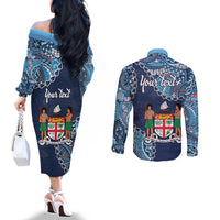 Personalised Fiji 54th Anniversary Couples Matching Off The Shoulder Long Sleeve Dress and Long Sleeve Button Shirt Siga Ni Bula Galala Marautaki O Viti LT9