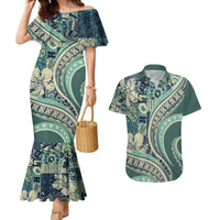Hawaiian Hibiscus Tribal Vintage Motif Couples Matching Mermaid Dress and Hawaiian Shirt Ver 1 LT9 Sea Green - Polynesian Pride