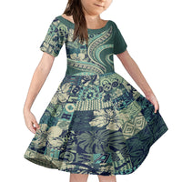 Hawaiian Hibiscus Tribal Vintage Motif Family Matching Puletasi and Hawaiian Shirt Ver 1 LT9 Daughter's Dress Sea Green - Polynesian Pride
