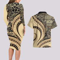 Hawaiian Hibiscus Tribal Vintage Motif Couples Matching Long Sleeve Bodycon Dress and Hawaiian Shirt Ver 2