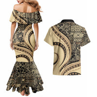Hawaiian Hibiscus Tribal Vintage Motif Couples Matching Mermaid Dress and Hawaiian Shirt Ver 2