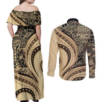 Hawaiian Hibiscus Tribal Vintage Motif Couples Matching Off Shoulder Maxi Dress and Long Sleeve Button Shirt Ver 2 LT9 - Polynesian Pride