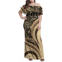 Hawaiian Hibiscus Tribal Vintage Motif Family Matching Off Shoulder Maxi Dress and Hawaiian Shirt Ver 2 LT9 Mom's Dress Beige - Polynesian Pride