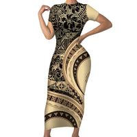 Hawaiian Hibiscus Tribal Vintage Motif Short Sleeve Bodycon Dress Ver 2 LT9 Long Dress Beige - Polynesian Pride