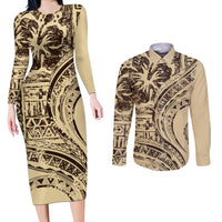 Hawaiian Hibiscus Tribal Vintage Motif Couples Matching Long Sleeve Bodycon Dress and Long Sleeve Button Shirt Ver 3