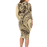 Hawaiian Hibiscus Tribal Vintage Motif Long Sleeve Bodycon Dress Ver 3
