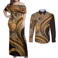 Hawaiian Hibiscus Tribal Vintage Motif Couples Matching Off Shoulder Maxi Dress and Long Sleeve Button Shirt Ver 4 LT9 Gold - Polynesian Pride