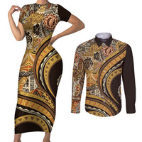 Hawaiian Hibiscus Tribal Vintage Motif Couples Matching Short Sleeve Bodycon Dress and Long Sleeve Button Shirt Ver 4