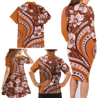 Hawaiian Hibiscus Tribal Vintage Motif Family Matching Long Sleeve Bodycon Dress and Hawaiian Shirt Ver 5