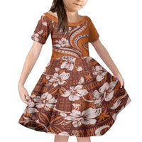 Hawaiian Hibiscus Tribal Vintage Motif Family Matching Off Shoulder Short Dress and Hawaiian Shirt Ver 5 LT9 Daughter's Dress Gold - Polynesian Pride