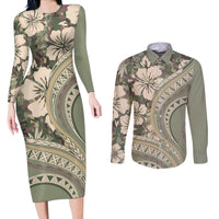 Hawaiian Hibiscus Tribal Vintage Motif Couples Matching Long Sleeve Bodycon Dress and Long Sleeve Button Shirt Ver 6