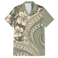 Hawaiian Hibiscus Tribal Vintage Motif Family Matching Off Shoulder Short Dress and Hawaiian Shirt Ver 6 LT9 Dad's Shirt - Short Sleeve Green Pastel - Polynesian Pride