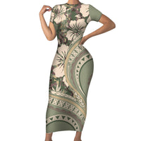 Hawaiian Hibiscus Tribal Vintage Motif Family Matching Short Sleeve Bodycon Dress and Hawaiian Shirt Ver 6