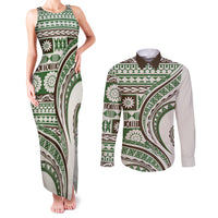 Hawaiian Hibiscus Tribal Vintage Motif Couples Matching Tank Maxi Dress and Long Sleeve Button Shirt Ver 7 LT9 Green - Polynesian Pride