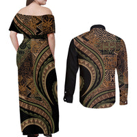 Hawaiian Hibiscus Tribal Vintage Motif Couples Matching Off Shoulder Maxi Dress and Long Sleeve Button Shirt Ver 8 LT9 - Polynesian Pride