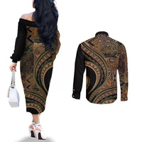 Hawaiian Hibiscus Tribal Vintage Motif Couples Matching Off The Shoulder Long Sleeve Dress and Long Sleeve Button Shirt Ver 8