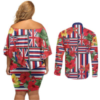 Hawaii Hibiscus Lei Couples Matching Off Shoulder Short Dress and Long Sleeve Button Shirt Hawaiian Flag Motif LT9 - Polynesian Pride