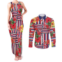Hawaii Hibiscus Lei Couples Matching Tank Maxi Dress and Long Sleeve Button Shirt Hawaiian Flag Motif LT9 Red - Polynesian Pride