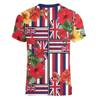 Hawaii Hibiscus Lei Women V-Neck T-Shirt Hawaiian Flag Motif LT9 - Polynesian Pride