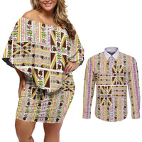 Hawaii Lokelani Pikake Lei Couples Matching Off Shoulder Short Dress and Long Sleeve Button Shirt Hawaiian Flag Motif LT9 White - Polynesian Pride