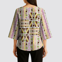 Hawaii Lokelani Pikake Lei Kimono Sleeve Blouse Hawaiian Flag Motif