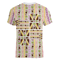 Hawaii Lokelani Pikake Lei Women V-Neck T-Shirt Hawaiian Flag Motif LT9 - Polynesian Pride