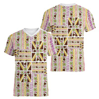 Hawaii Lokelani Pikake Lei Women V-Neck T-Shirt Hawaiian Flag Motif LT9 - Polynesian Pride