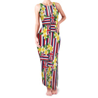 Hawaii Plumeria Lei Family Matching Tank Maxi Dress and Hawaiian Shirt Hawaiian Flag Motif LT9 Mom's Dress Red - Polynesian Pride