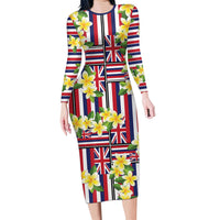 Hawaii Plumeria Lei Long Sleeve Bodycon Dress Hawaiian Flag Motif LT9 Long Dress Red - Polynesian Pride