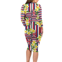 Hawaii Plumeria Lei Long Sleeve Bodycon Dress Hawaiian Flag Motif LT9 - Polynesian Pride