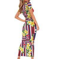 Hawaii Plumeria Lei Short Sleeve Bodycon Dress Hawaiian Flag Motif LT9 - Polynesian Pride