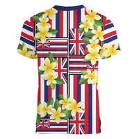 Hawaii Plumeria Lei Women V-Neck T-Shirt Hawaiian Flag Motif LT9 - Polynesian Pride