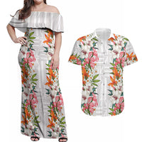 Hawaii Tropical Twist Lei Couples Matching Off Shoulder Maxi Dress and Hawaiian Shirt Hawaiian Flag Motif LT9 White - Polynesian Pride