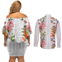 Hawaii Tropical Twist Lei Couples Matching Off Shoulder Short Dress and Long Sleeve Button Shirt Hawaiian Flag Motif LT9 - Polynesian Pride