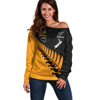 Australia Wallabies and Aotearoa Rugby Off Shoulder Sweater Kangaroo Black Fern Maori Gold Vibe LT9 Women Gold - Polynesian Pride