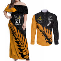 Custom Australia Wallabies and Aotearoa Rugby Couples Matching Off Shoulder Maxi Dress and Long Sleeve Button Shirts Kangaroo Black Fern Maori Gold Vibe LT9 Gold - Polynesian Pride