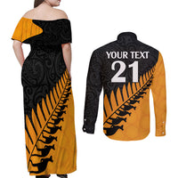 Custom Australia Wallabies and Aotearoa Rugby Couples Matching Off Shoulder Maxi Dress and Long Sleeve Button Shirts Kangaroo Black Fern Maori Gold Vibe LT9 - Polynesian Pride