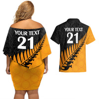 Custom Australia Wallabies and Aotearoa Rugby Couples Matching Off Shoulder Short Dress and Hawaiian Shirt Kangaroo Black Fern Maori Gold Vibe LT9 - Polynesian Pride