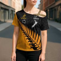Australia New Zealand Rugby Cross Shoulder Shirt Gold Aboriginal Wallabies and Maori Black Fern - Polynesian Pride