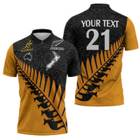 Australia New Zealand Rugby Zipper Polo Shirt Gold Aboriginal Wallabies and Maori Black Fern - Polynesian Pride